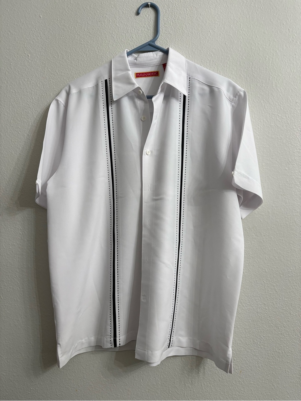 Havanera Ike Behar White Short-Sleeve Button-Down Shirt with Black Trim